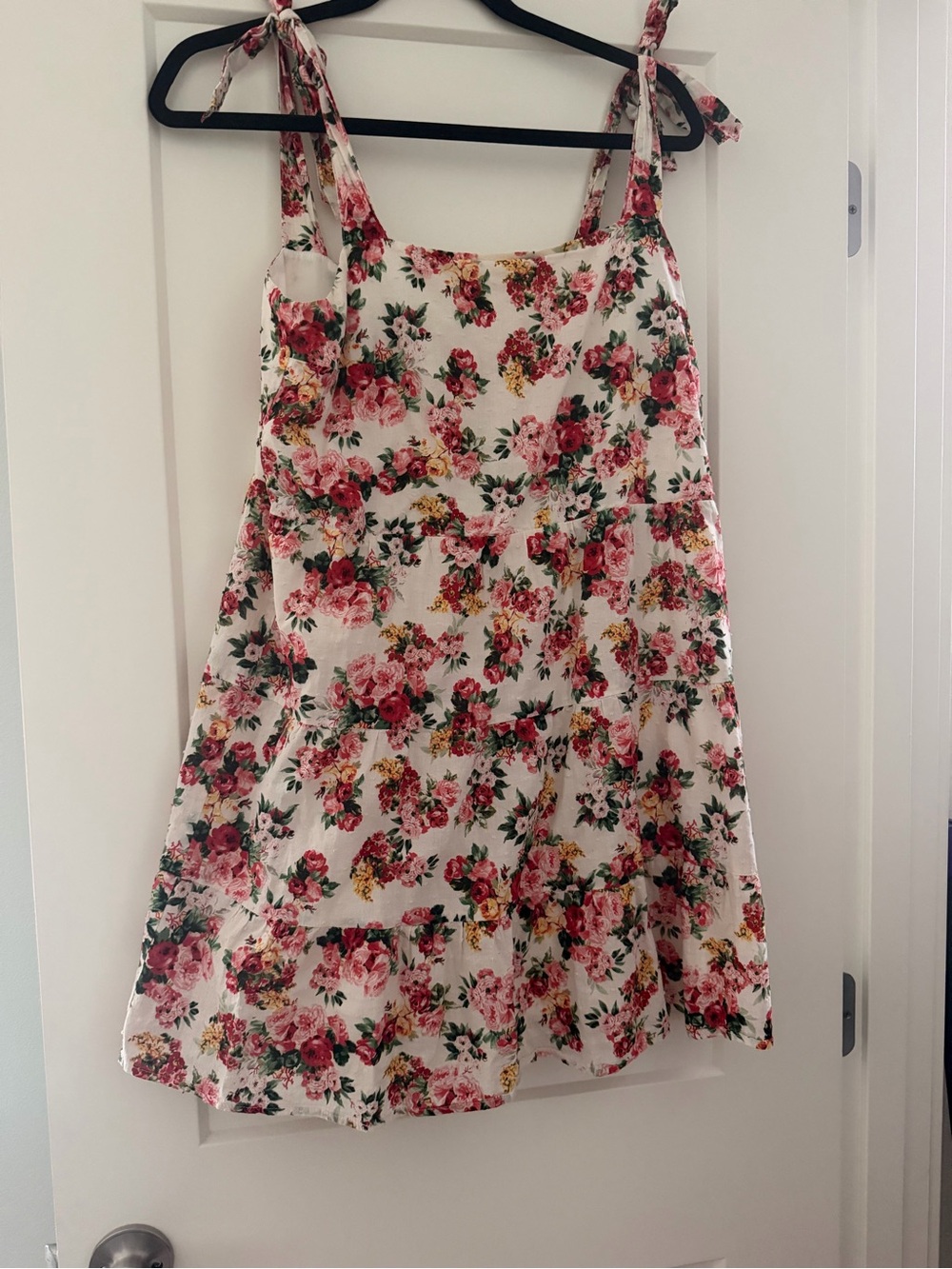 Sezane Mini Floral Tie-Shoulder Sundress in White with Pink Roses